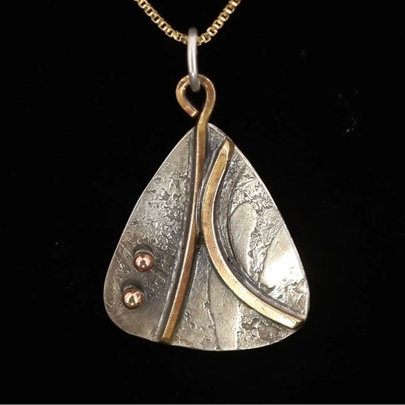 Signed- Donna McAfee Sterling Silver Bronze accent Modernist Pendant 18” Chain - Picture 1 of 5